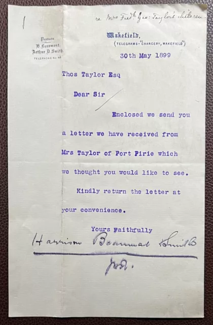 1899 Beaumont & Smith, Solicitors, Wakefield Letter