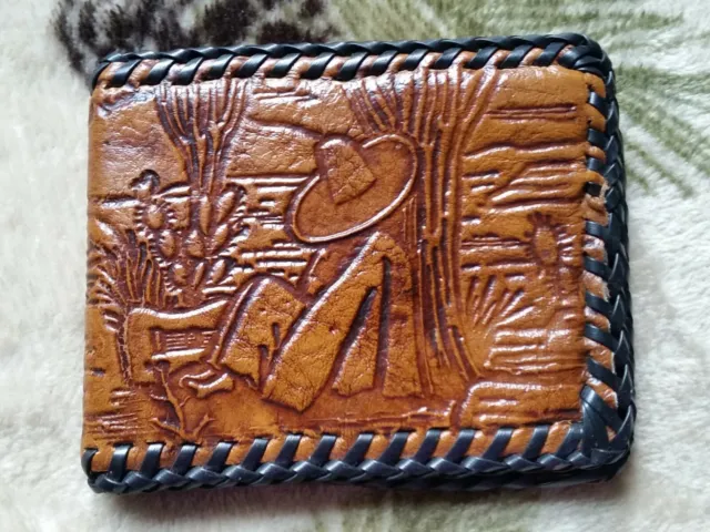 Vtg Antique Handmade Tooled Leather Western Wallet Cowboy Horse Mexico Bifold