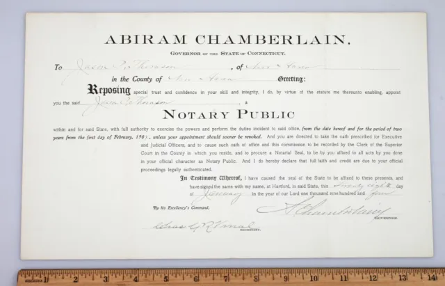1904 Notary Public Certificate Connecticut Governor Abiram Chamberlain Autograph