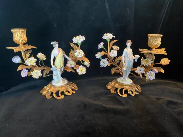 PAIR ANTIQUE FRENCH GILT BRONZE FIGURAL CANDELABRAS With PORCELAIN FLOWERS