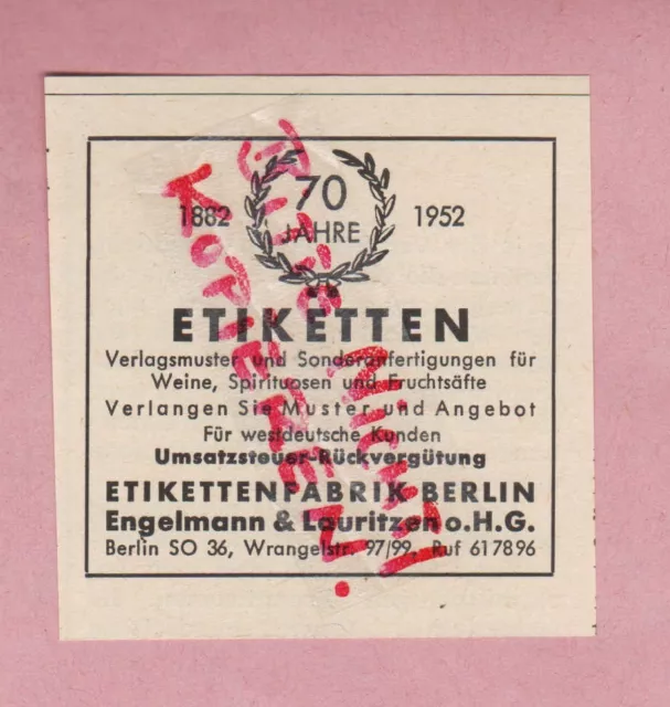 BERLIN, Werbung 1954, Etiketten-Fabrik Engelmann & Lautitzen oHG