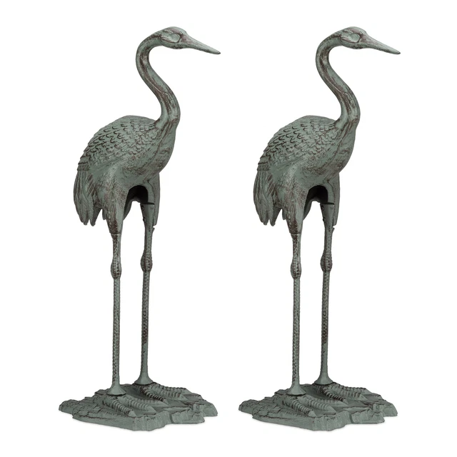 2 X DEKOFIGUR Kranich Gartenfigur Gusseisen Teichfigur Vogelfigur