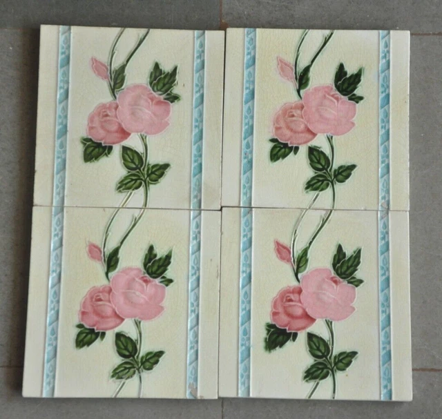 4 Pc Vintage Rose Flower Embossed Design Majolica Colorful Ceramic Tiles,Japan