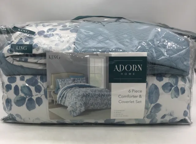 Adorn Home 6 Piece King Comforter & Coverlet Set With Blue & White Floral Print