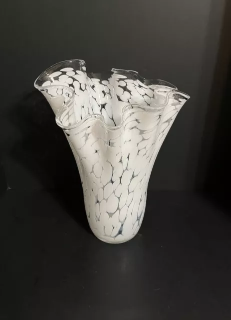 Hand Blown Art Glass White Confetti Handkerchief Zorza Vase