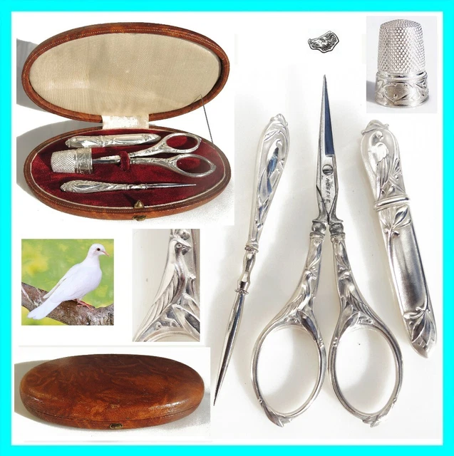 Ancien nécessaire set de couture ARGENT Ciseaux brodeuse à Coudre écrin colombe