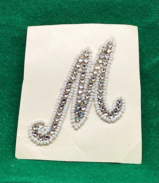 1950s Era Letter “M” Pronged Rhinestone/Pearl Sew-on Patch Garment Applique NOS