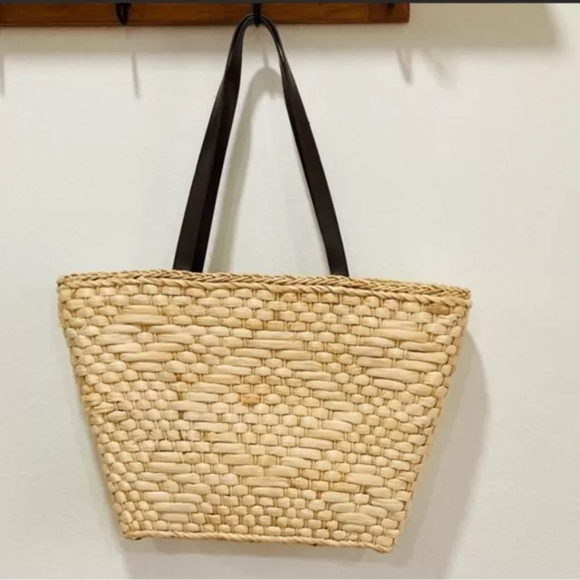 Straw Tote/Shoulder Bag with Brown Leather Straps & Polka Dot Lining