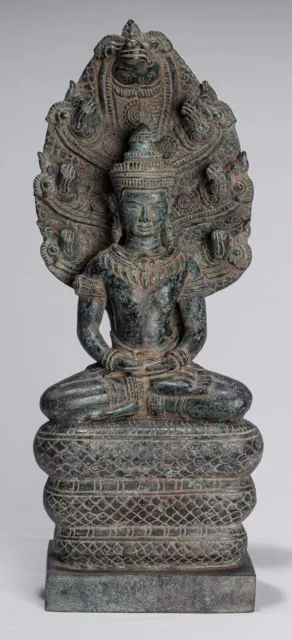 Antique Khmer Style Bronze Seated Meditation Naga Buddha Statue - 46cm/18"