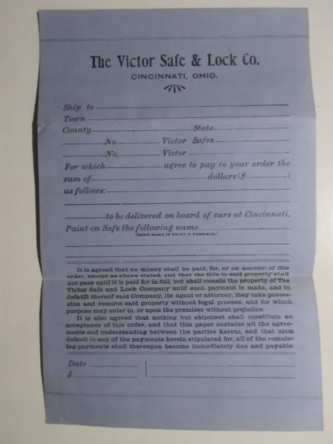 Victor Safe & Lock Co. Cincinnati blank salesman order form