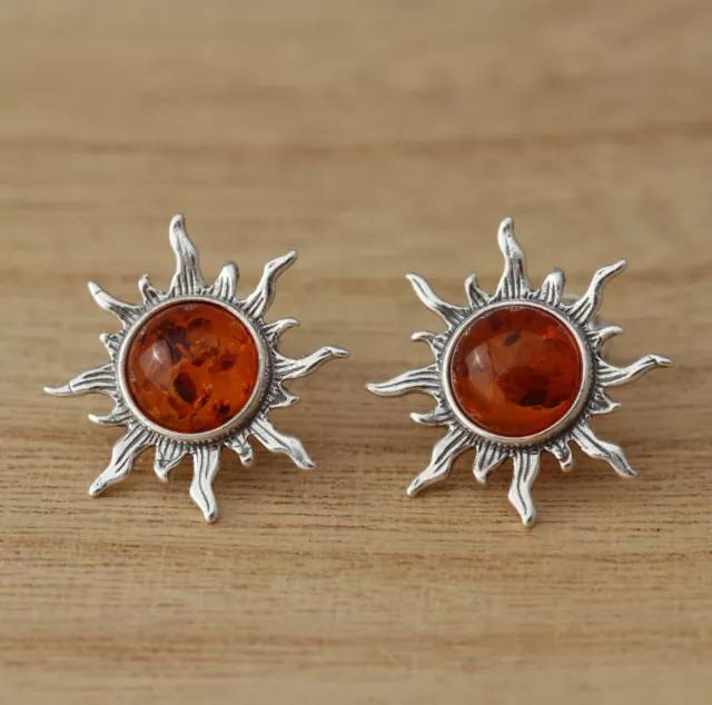 925 Sterling Silver Sun Stud Earrings & Real Cognac Baltic Amber Jewellery