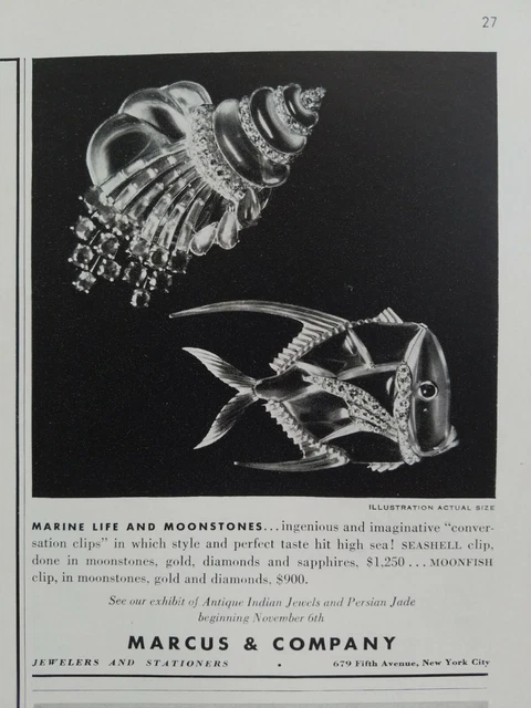 1939 Marcus & Company Marino Life Pietre Lunari Pesce Pin Vintage Gioielli Ad