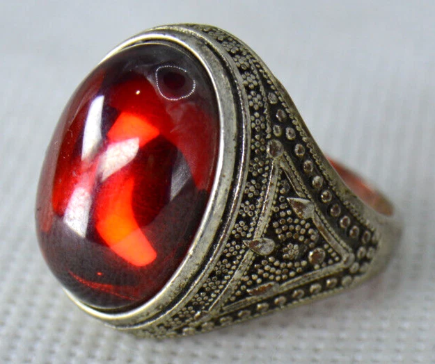 Ancient Old Solid Silver Antique Ring Viking With Red Stone Amazing Artifact