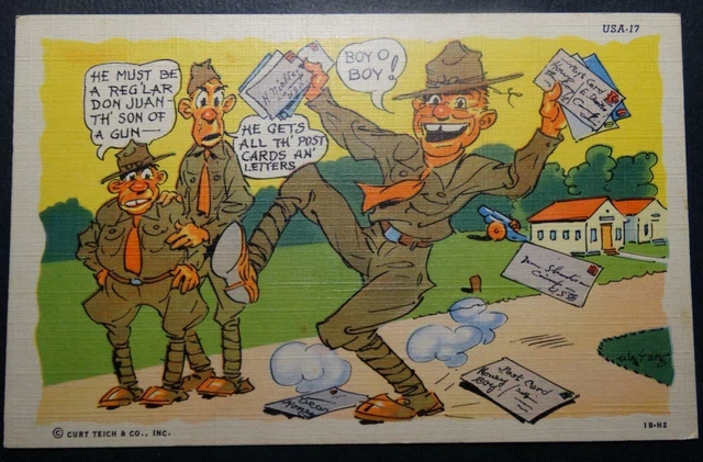 POSTCARD MILITARY ARMY Comic Soldiers Don Joan Mail Curt Teich EUR