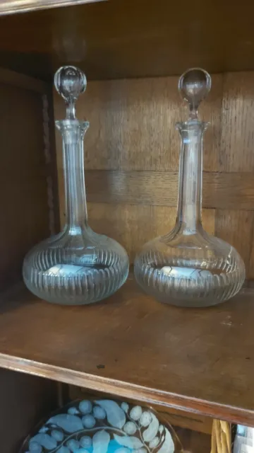 Pair Of Antique Victorian Shaft & Globe Cut Glass Decanters