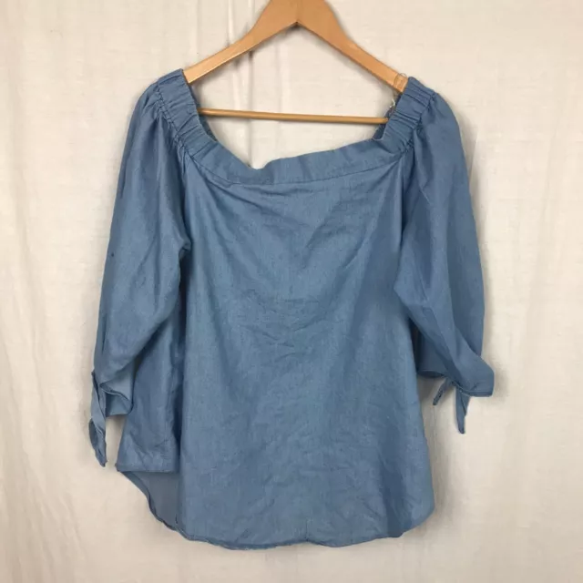 Iris Women's Chambray Off The Shoulder Top 3/4 Sleeve 100% Cotton Blue Size 1XL