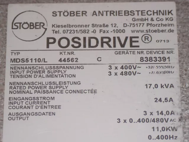 Stöber MDS Posidrive MDS5110/L 11 KW Servodrive Frequenzumrichter Tested