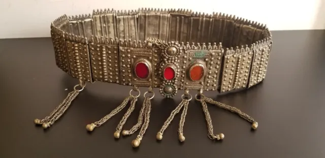 Antique Silver Yemeni Jewish large Belt handmade with  agate Stones 900 G