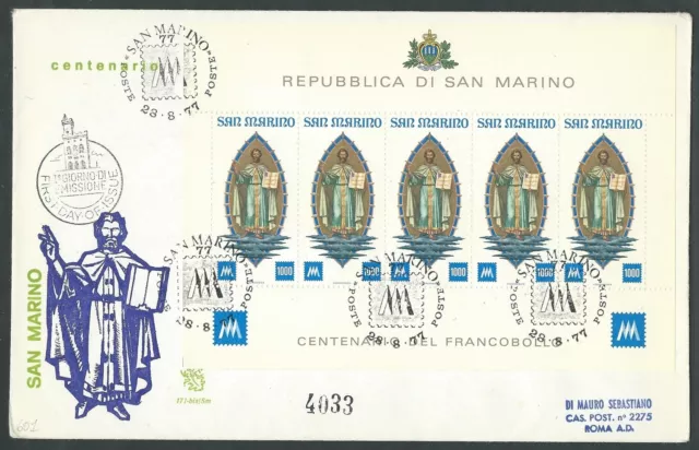 1977 San Marino Fdc Venetia 171 Bis Centenario Francobollo Timbro Arrivo - Bg-3