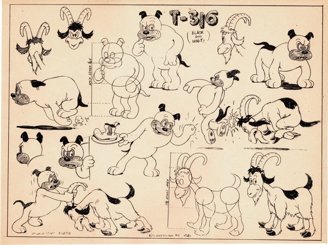 Terrytoons Production Animation Print Model Sheet 1942 Dog Ram Eight to the Bar