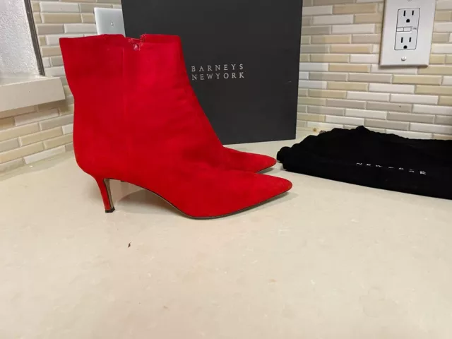 Barneys New York Red Suede Pointed Toe Zip Up Ankle Boots Size EU 38.5 US 8