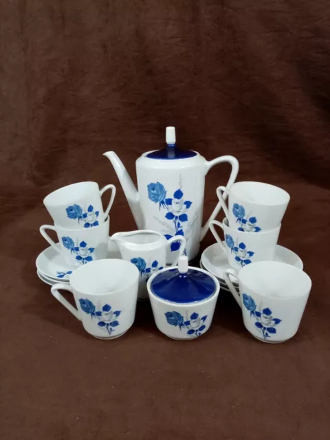 German Coffee Set Pot Sugar Bowl Jug 6 Cup Saucer White Blue Rose Floral Design