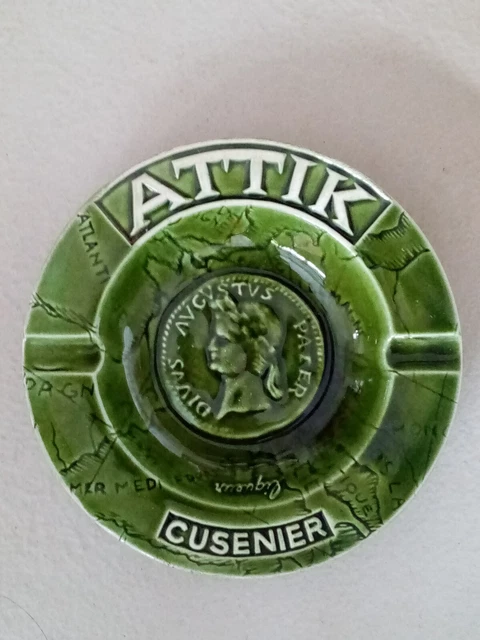 Ancien CENDRIER  publicitaire liqueur CUSENIER ATTIK en Faience de chez PROCERAM