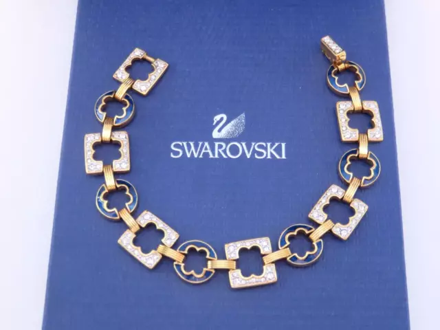 **VINTAGE** GENUINE Swan Signed SWAROVSKI Blue Enamel & Clear Crystal Bracelet