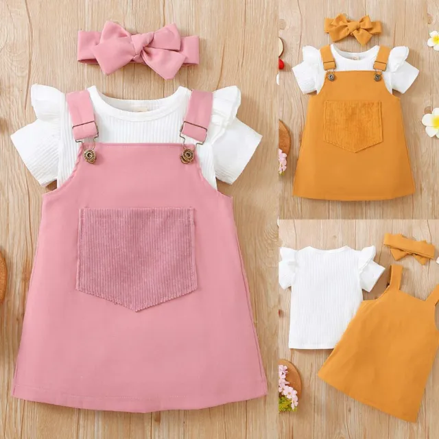 Toddler Baby Girls Outfits Short Sleeve Ruffle Tops Strappy Dress Skirt Headband