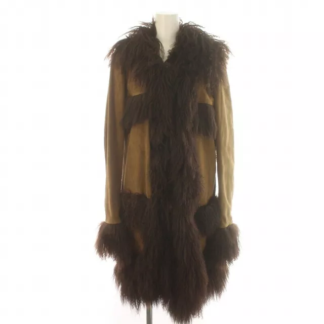 Anna Sui Long Coat Cowhide Suede Lamb Fur Fully Lined 4L Camel Brown /Ir Gy30 La