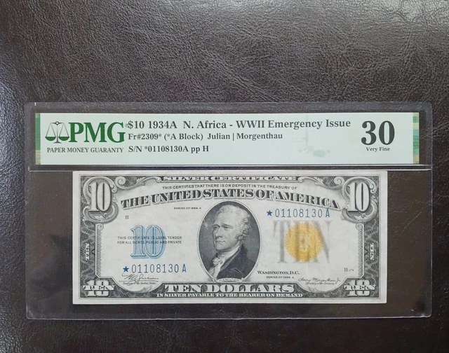 $10 1934 A STARNOTE(( NORTH AFRICA )) Silver Certificate pmg 30 2