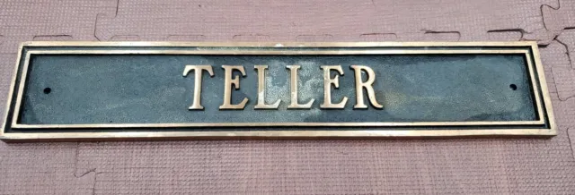 TELLER Original Old Thick Embossed Brass Bank Sign