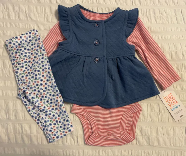 NWT- Carters Outfit 3PC Set Baby Girl, Bodysuit, Top & Pants, Size 3 Months