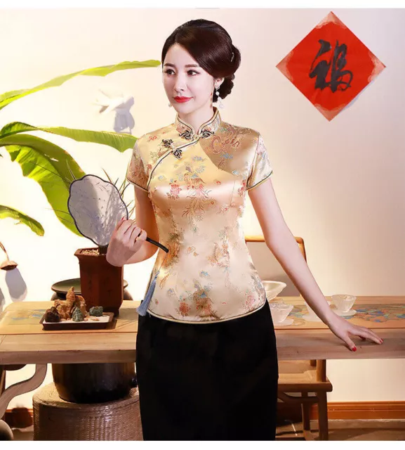 Women Summer Silk Satin Shirt Chinese Traditional Blouse Dragon Embroidery Tops