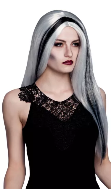 Ladies Gothic Halloween Ghost Vampire Long Black Silver Grey Fancy Dress Wig New