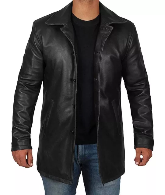 New Men 3/4 Long Coat Real Cowhide Leather Racer Black Jacket Cafe Biker Moto