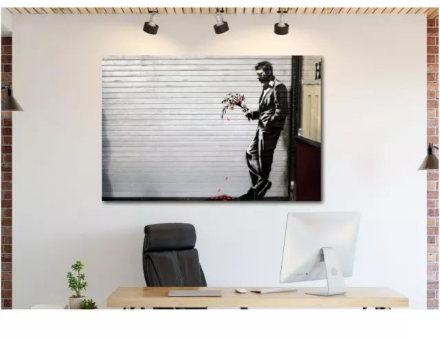 Banksy Man With Flowers - Canvas Wall Art Print - Various Sizes