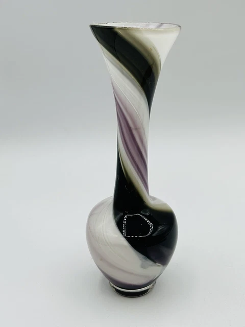 Hand Blown Art Glass Bud Vase Swirled Purple White Amethyst  8" tall