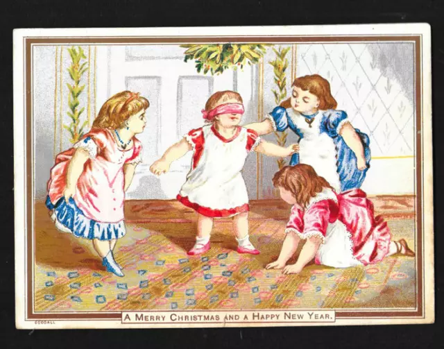 Victorian Christmas Greeting Card. Young Girls Playing Hide & Seek. C. Goodall