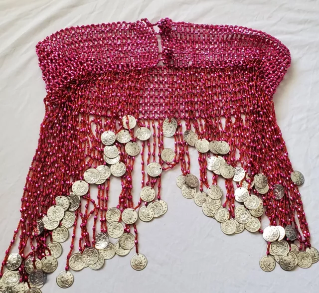 Pink Beaded Stretchy Belly Dance Elastic Waist Hip Shakers With Silver Coins