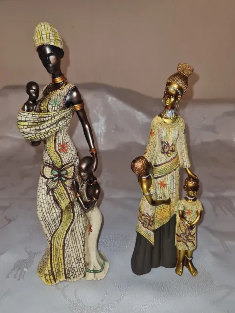 African Mother And Children Figurines - Pair