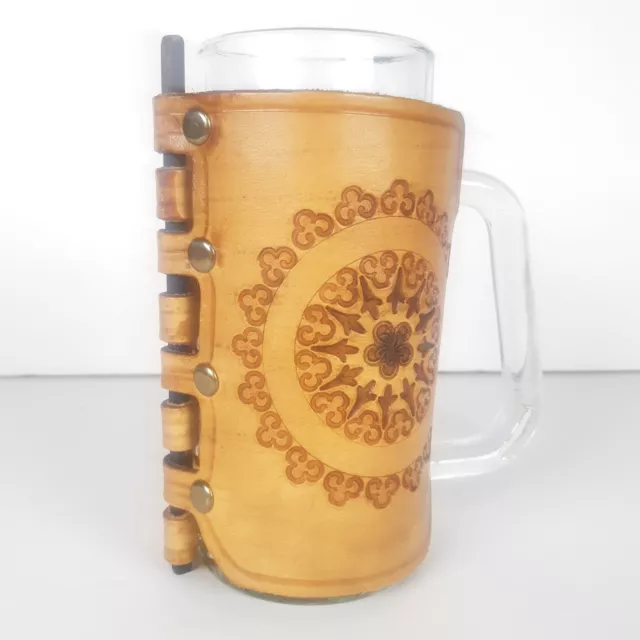 Vintage Clear Glass New Zealand Mug Cup Stein Leather Wrap 1975