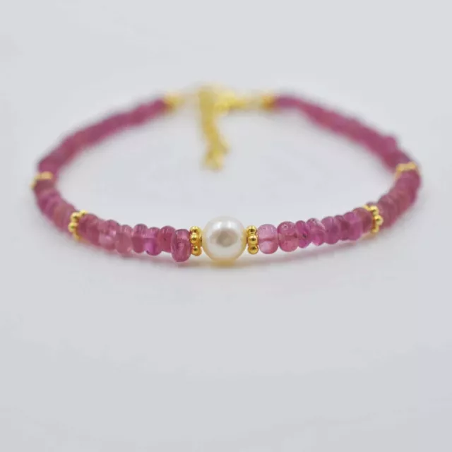 Beautiful Ruby Gemstone Bead Bracelet, 925 Silver Pearl Bracelet Valentine Gift