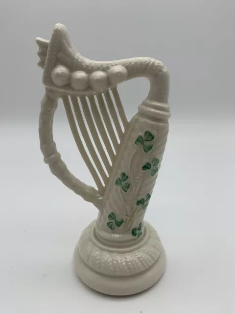 Beleek Ireland Porcelain 6.5” Irish Harp Figurine-Shamrock Design-Green Mark