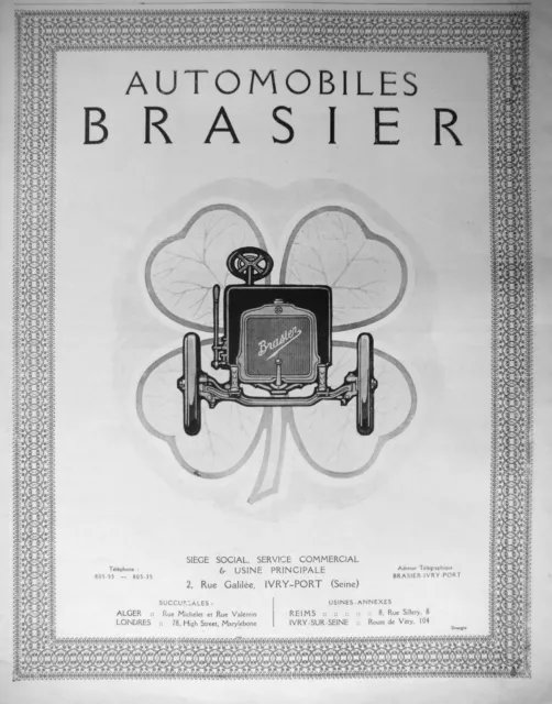 Publicité De Presse 1913 Automobiles Brasier - Le Trefle