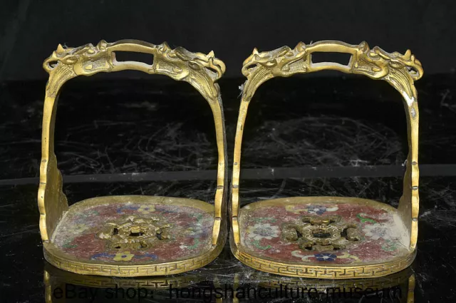 6.2 " China Cloisonne enamel Bronze Gilt 2 Dragon head horse saddle statue pair