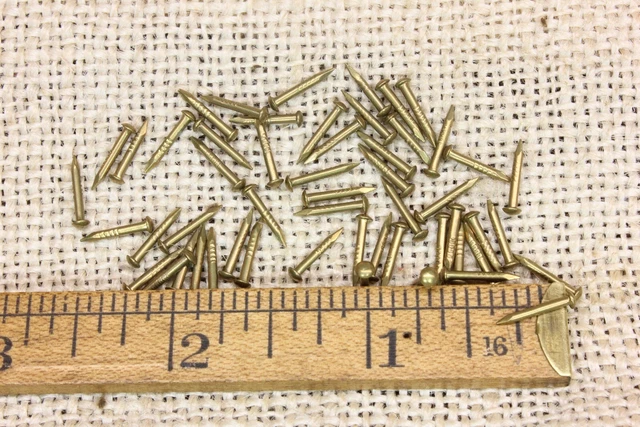 Old 3/8” Solid Brass 50 Vintage Nails Escutcheon Pins Domed Head 18 Gauge Tacks 3