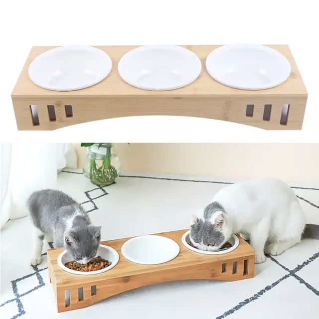 3pcs Cat Dog Pet Ceramics Feeding Bowl Water Food Dish Feeder w/ Bamboo Station