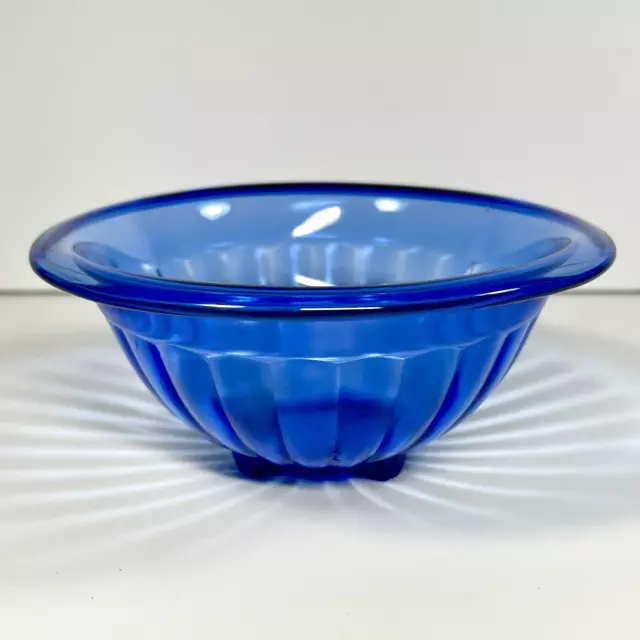 Vtg. Hazel Atlas Cobalt Blue Pillar Optic Glass 6 1/2” Mixing Bowl Square Base