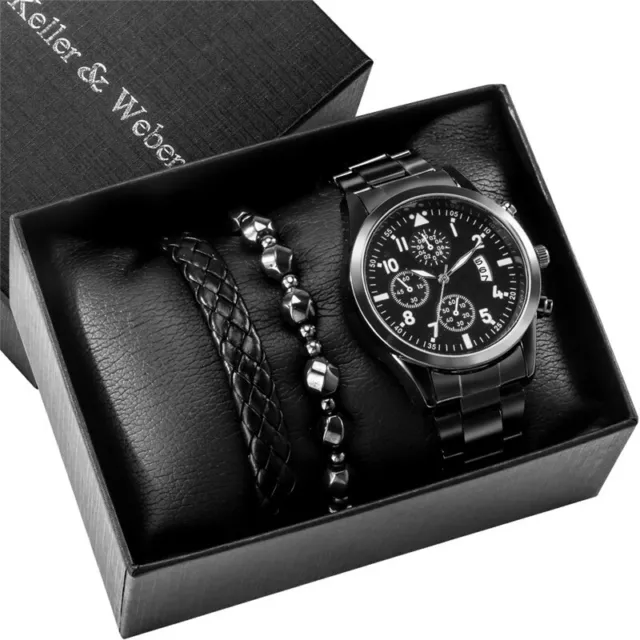 Men Watch Calendar Gift Set Box Black Quartz Dial Stainless Steel Strap Bracelet